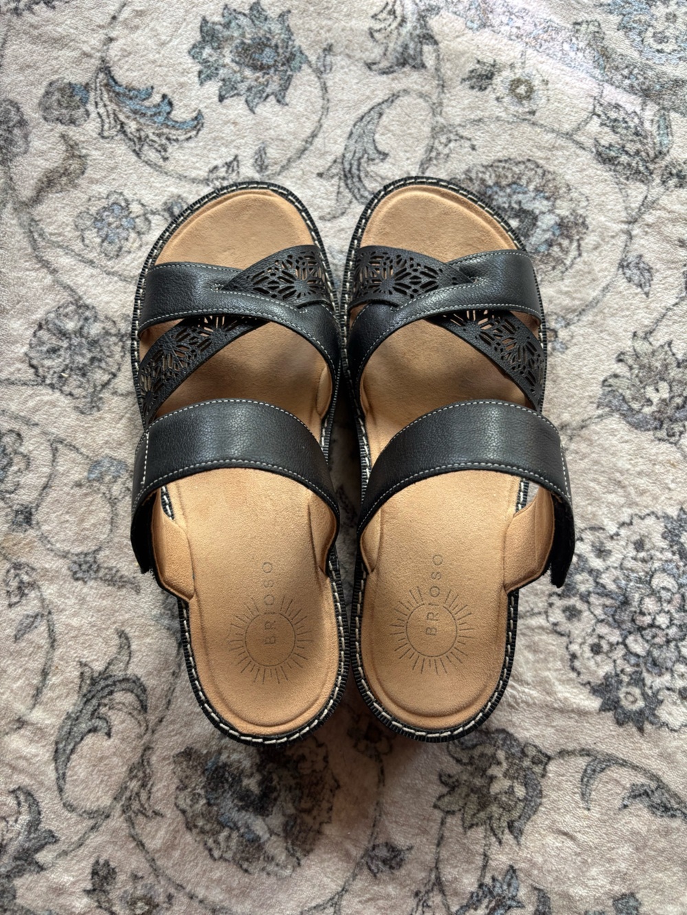 Women's Black Slip-On Comfort Sandals with Decorative Cutouts